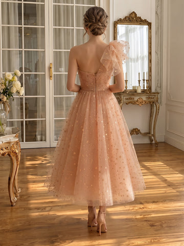 Star Glitter Tulle Midi Prom Dresses Blush Pink One Shoulder