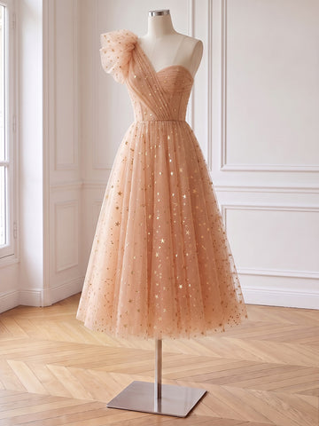 Star Glitter Tulle Midi Prom Dresses Blush Pink One Shoulder