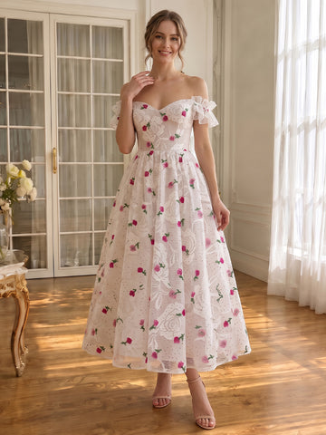 White Lace Midi Prom Dresses Off Shoulder A Line Flower Embroidered
