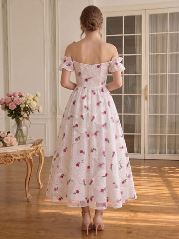 White Lace Midi Prom Dresses Off Shoulder A Line Flower Embroidered