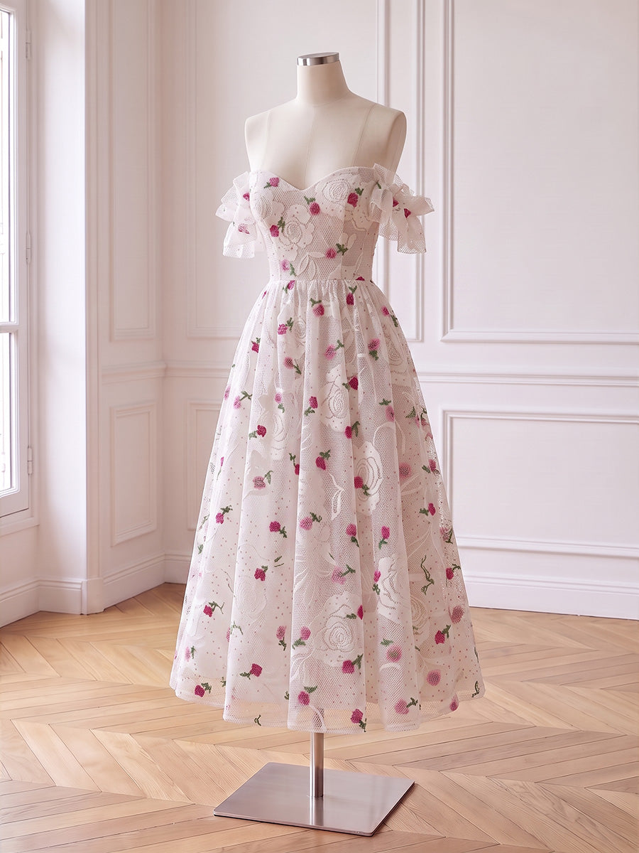 White Lace Midi Prom Dresses Off Shoulder A Line Flower Embroidered