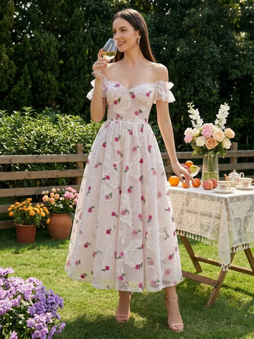 White Lace Midi Prom Dresses Off Shoulder A Line Flower Embroidered