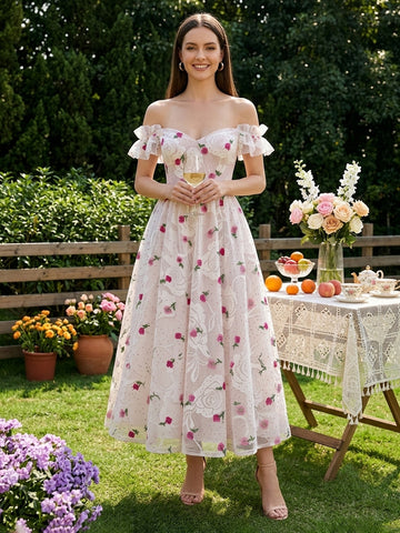 White Lace Midi Prom Dresses Off Shoulder A Line Flower Embroidered