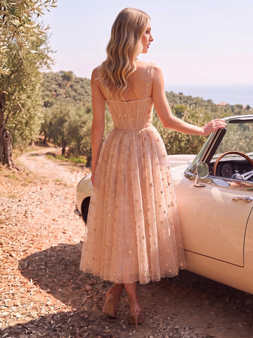 Star Glitter Tulle Midi Prom Dresses Champagne Gold Corset Sweetheart Black Bow Straps