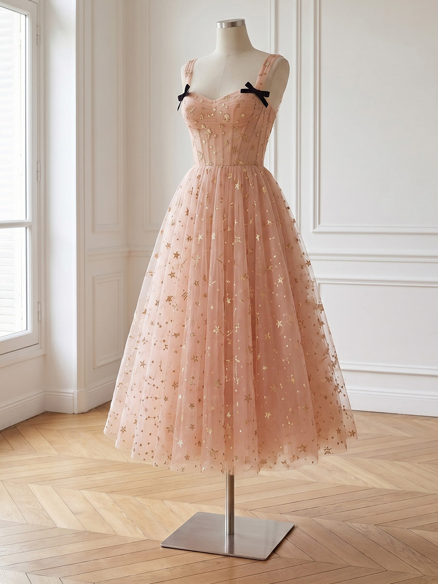 Star Glitter Tulle Midi Prom Dresses Champagne Gold Corset Sweetheart Black Bow Straps