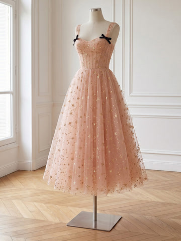 Star Glitter Tulle Midi Prom Dresses Champagne Gold Corset Sweetheart Black Bow Straps
