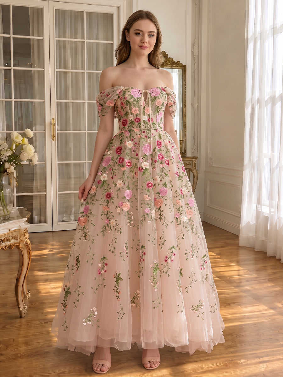 Floral Embroidered Midi Prom Dresses Pink Rose Off Shoulder