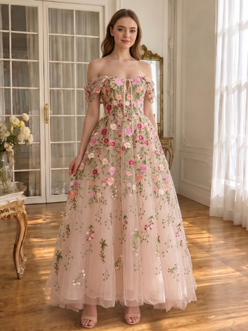 Floral Embroidered Midi Prom Dresses Pink Rose Off Shoulder