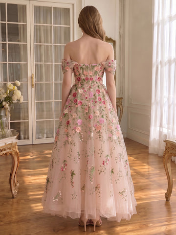 Floral Embroidered Midi Prom Dresses Pink Rose Off Shoulder