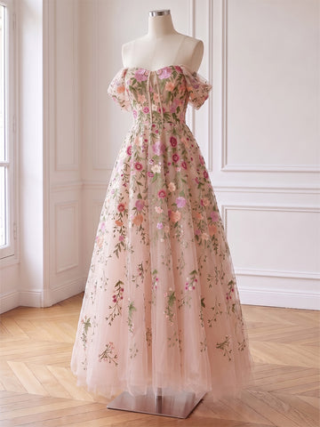 Floral Embroidered Midi Prom Dresses Pink Rose Off Shoulder
