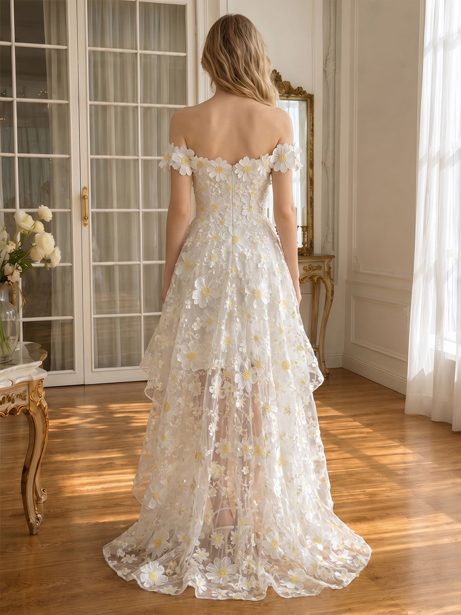 3D Daisy Floral Applique Tulle Prom Dresses Off Shoulder High Low Tiered Ruffle A Line