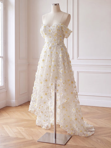 3D Daisy Floral Applique Tulle Prom Dresses Off Shoulder High Low Tiered Ruffle A Line