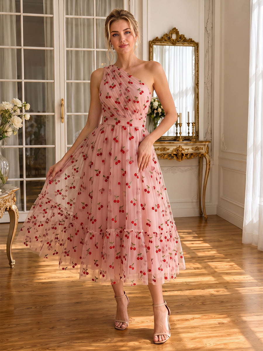 A Line Tulle Prom Dresses Pink One Shoulder Midi Cherry Embroidered