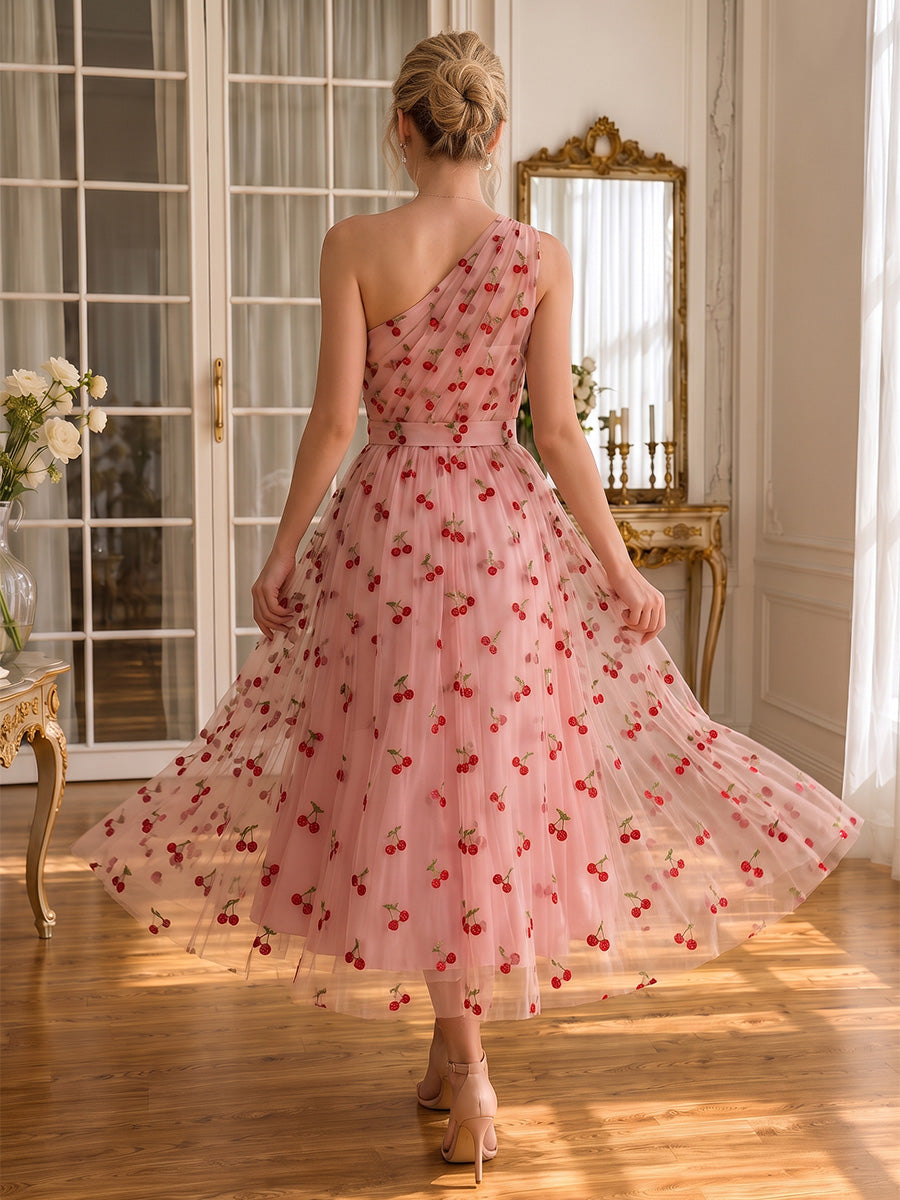 A Line Tulle Prom Dresses Pink One Shoulder Midi Cherry Embroidered