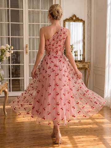 A Line Tulle Prom Dresses Pink One Shoulder Midi Cherry Embroidered
