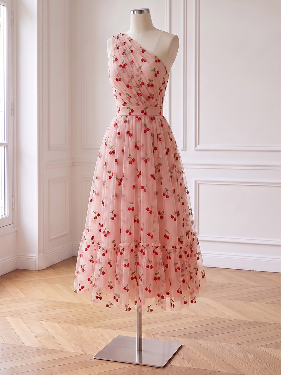 A Line Tulle Prom Dresses Pink One Shoulder Midi Cherry Embroidered