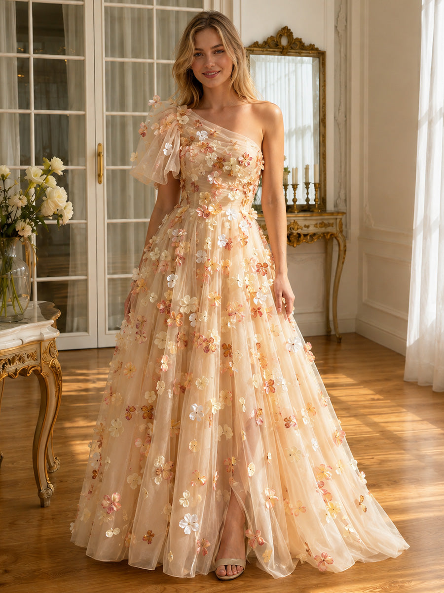 Champagne 3D Floral Applique Tulle Prom Dresses One Shoulder Ruffle High Slit Floor Length
