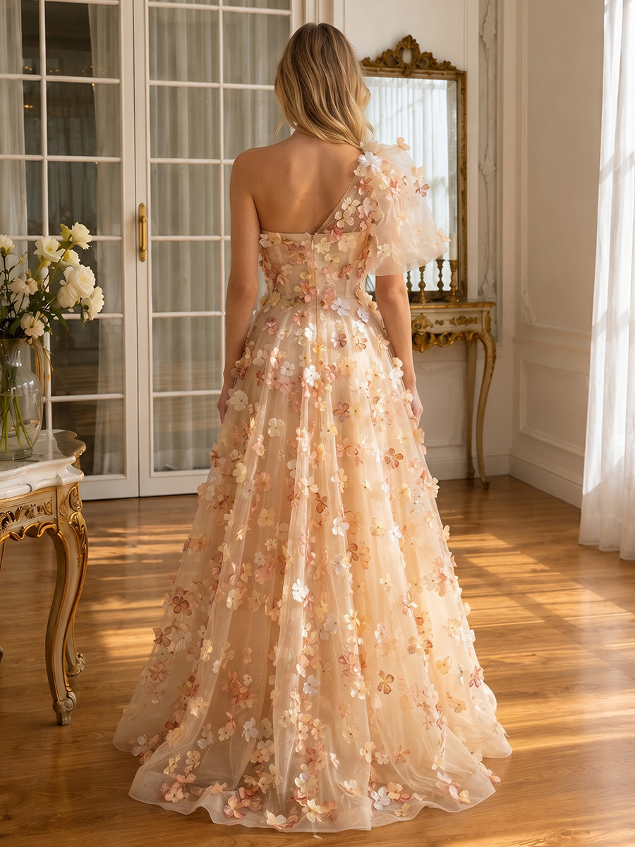 Champagne 3D Floral Applique Tulle Prom Dresses One Shoulder Ruffle High Slit Floor Length