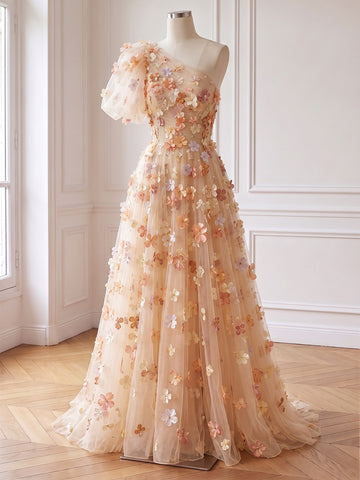 Champagne 3D Floral Applique Tulle Prom Dresses One Shoulder Ruffle High Slit Floor Length