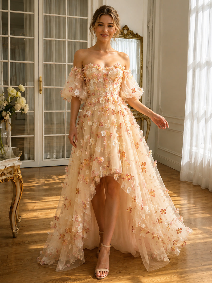 3D Floral Applique Tulle Prom Dresses High Low Sweetheart Neck Half Sleeves