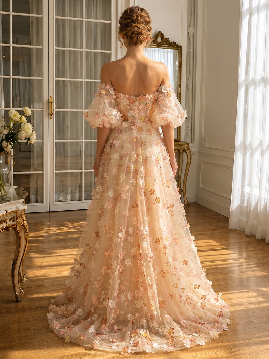 3D Floral Applique Tulle Prom Dresses High Low Sweetheart Neck Half Sleeves