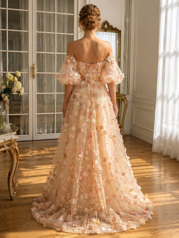3D Floral Applique Tulle Prom Dresses High Low Sweetheart Neck Half Sleeves