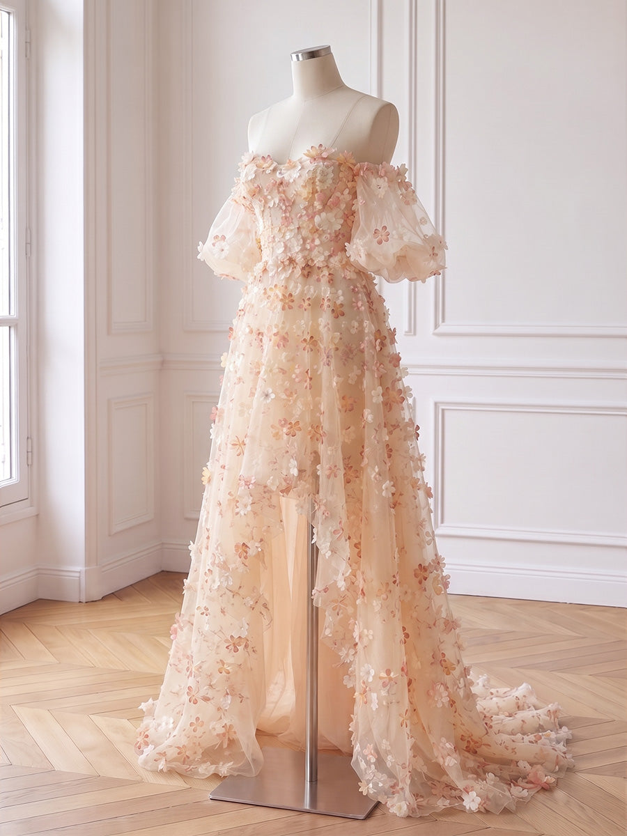 3D Floral Applique Tulle Prom Dresses High Low Sweetheart Neck Half Sleeves