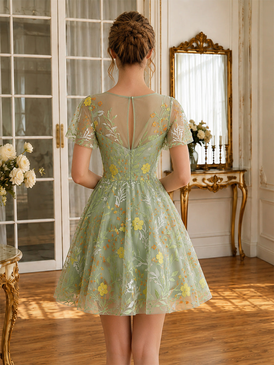 Sage Mini Prom Dresses Tulle Sheer Round Neck Floral Embroidered Short Sleeves