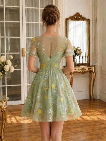 Sage Mini Prom Dresses Tulle Sheer Round Neck Floral Embroidered Short Sleeves