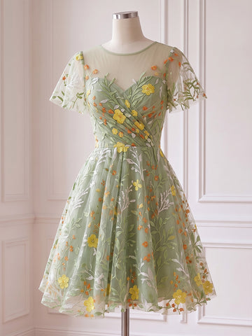 Sage Mini Prom Dresses Tulle Sheer Round Neck Floral Embroidered Short Sleeves