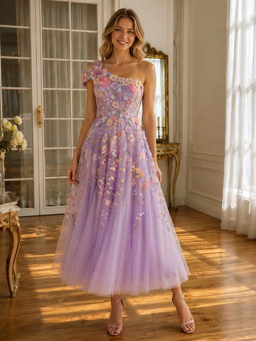 3D Floral Applique Midi Prom Dresses Lavender Tulle One Shoulder