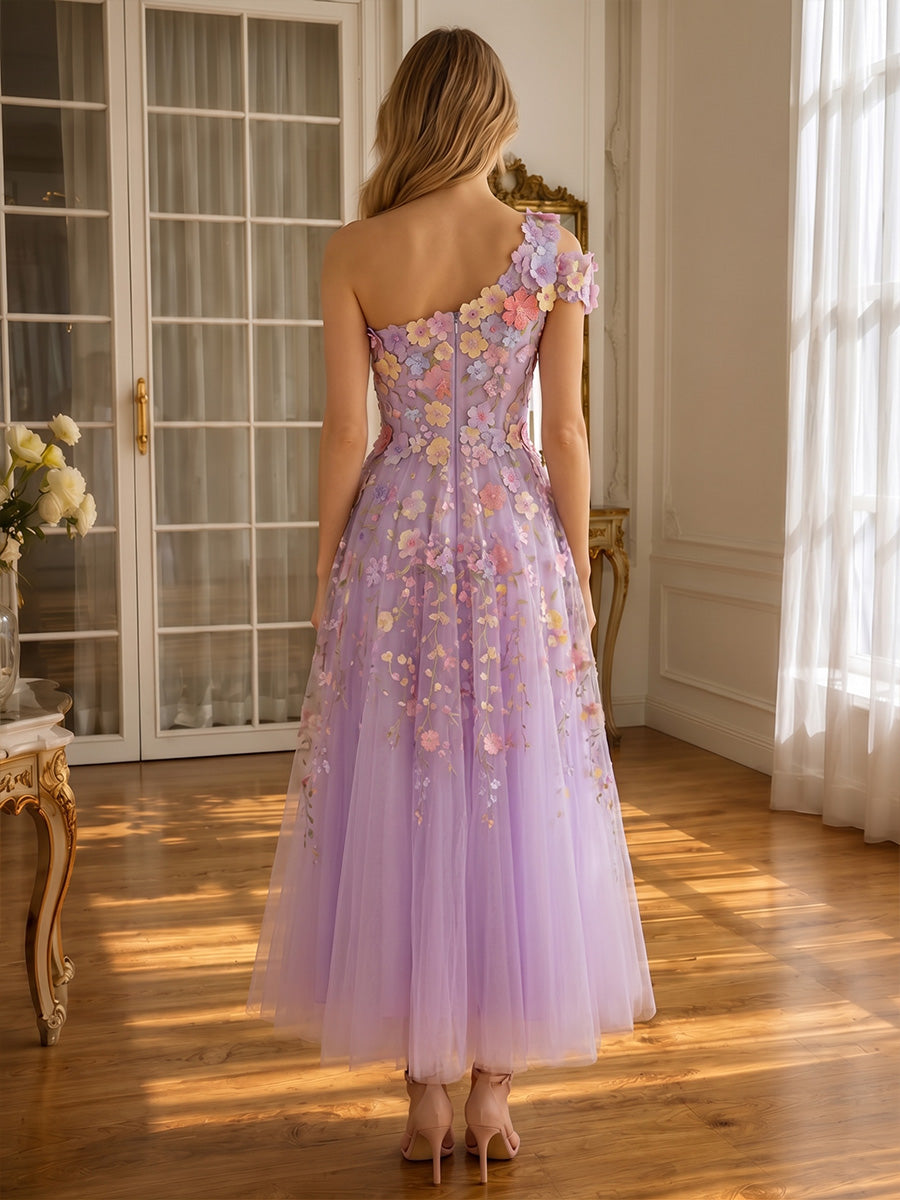3D Floral Applique Midi Prom Dresses Lavender Tulle One Shoulder