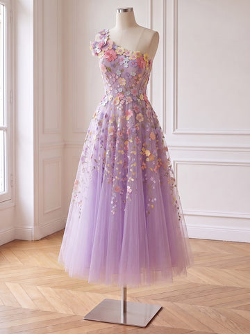 3D Floral Applique Midi Prom Dresses Lavender Tulle One Shoulder