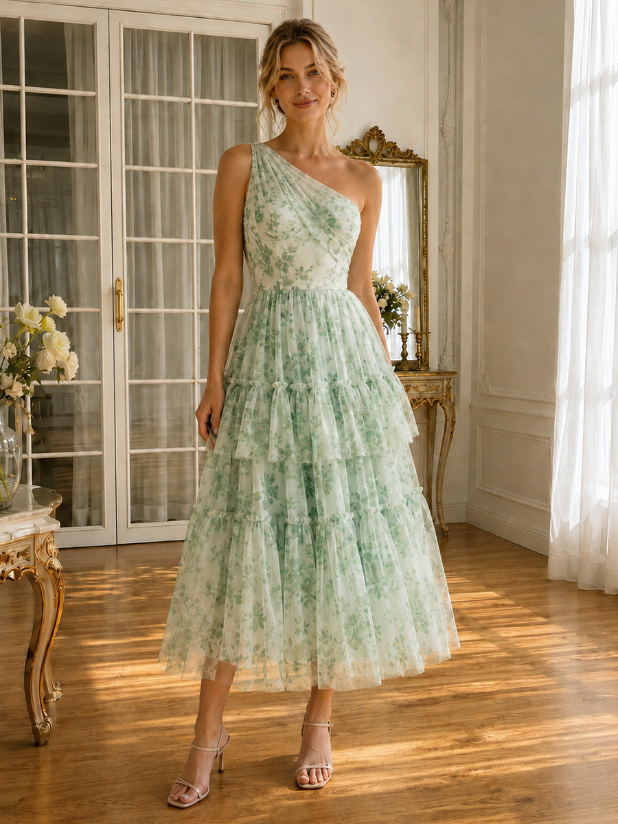 Green Floral Print Tulle Prom Dresses Midi One Shoulder Tiered Ruffle
