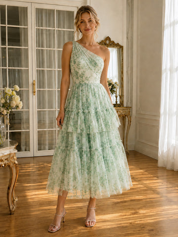 Green Floral Print Tulle Prom Dresses Midi One Shoulder Tiered Ruffle