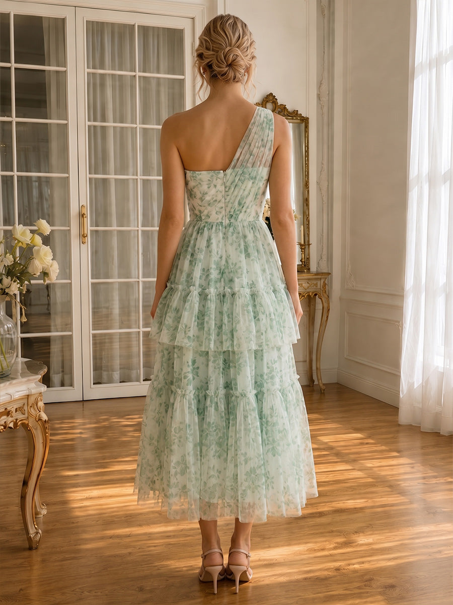 Green Floral Print Tulle Prom Dresses Midi One Shoulder Tiered Ruffle