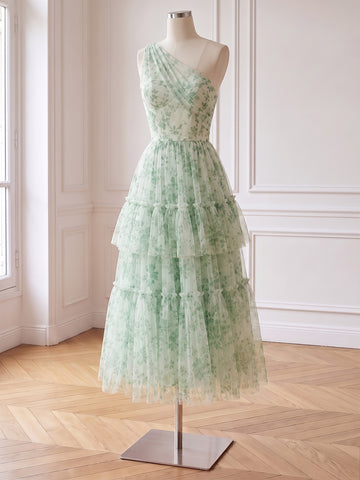 Green Floral Print Tulle Prom Dresses Midi One Shoulder Tiered Ruffle
