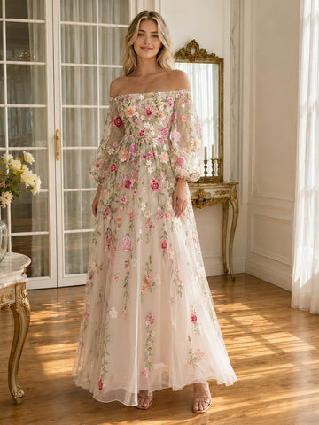 Floral Embroidered Midi Prom Dresses Pink Rose Off Shoulder Long Sleeves