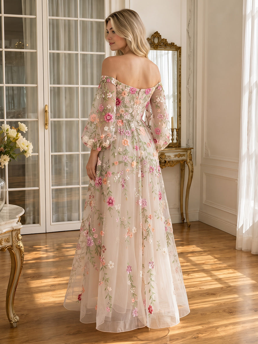Floral Embroidered Midi Prom Dresses Pink Rose Off Shoulder Long Sleeves