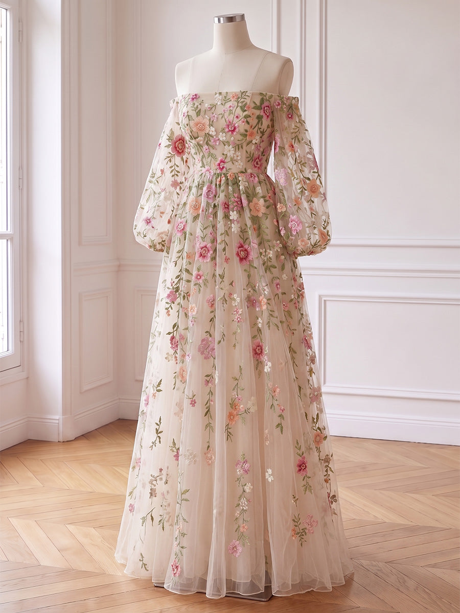 Floral Embroidered Midi Prom Dresses Pink Rose Off Shoulder Long Sleeves