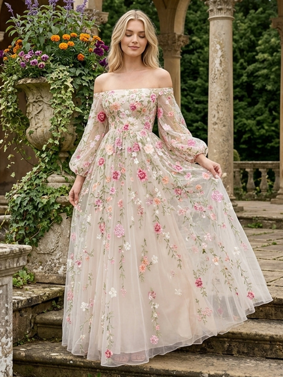 Floral Embroidered Midi Prom Dresses Pink Rose Off Shoulder Long Sleeves