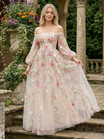 Floral Embroidered Midi Prom Dresses Pink Rose Off Shoulder Long Sleeves