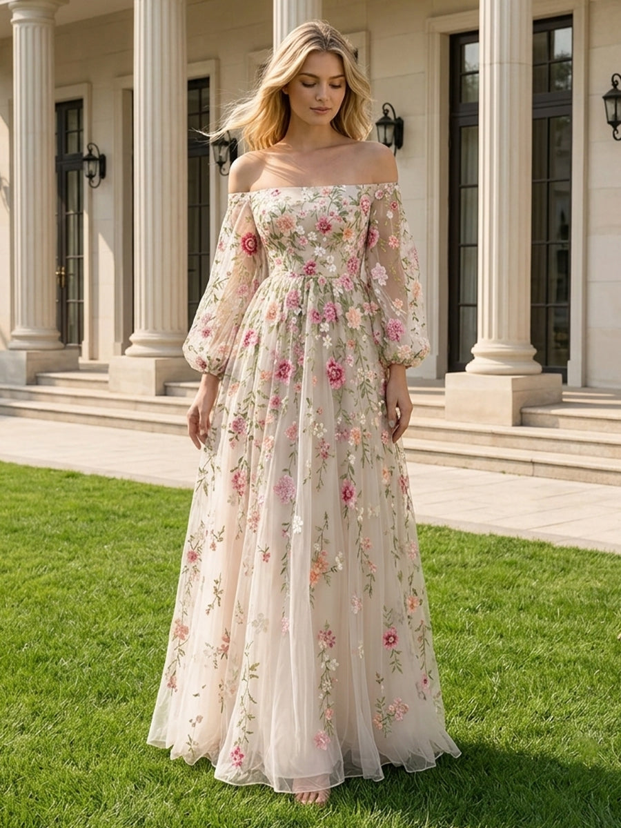 Floral Embroidered Midi Prom Dresses Pink Rose Off Shoulder Long Sleeves