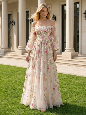 Floral Embroidered Midi Prom Dresses Pink Rose Off Shoulder Long Sleeves