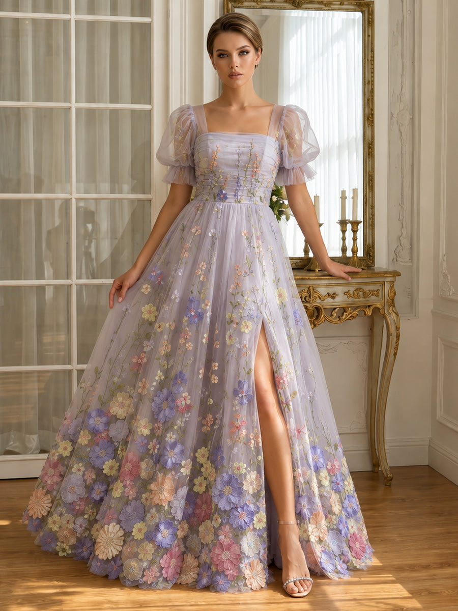 3D Floral Applique Long Prom Dresses Lavender Tulle Square Neck with Slit