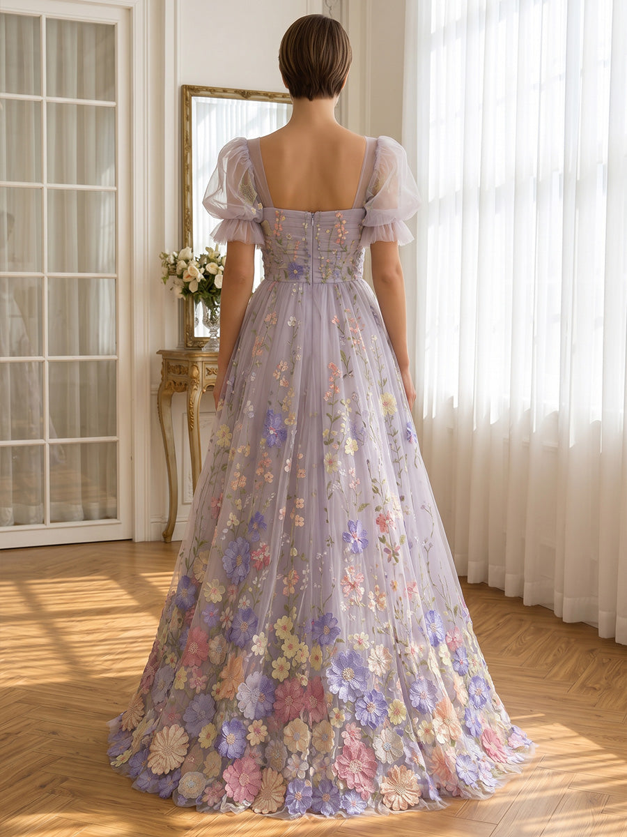 3D Floral Applique Long Prom Dresses Lavender Tulle Square Neck with Slit