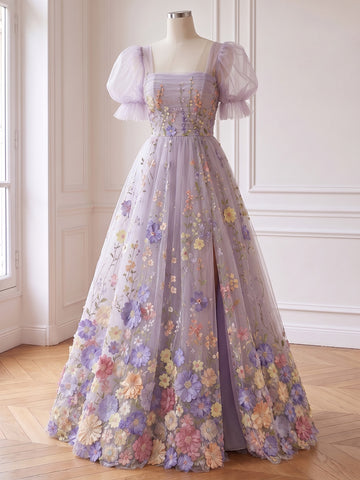 3D Floral Applique Long Prom Dresses Lavender Tulle Square Neck with Slit
