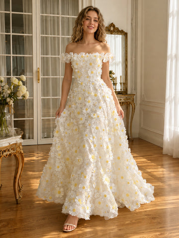 3D Daisy Floral Applique Tulle Prom Dresses Long Off Shoulder Tiered Ruffle A Line
