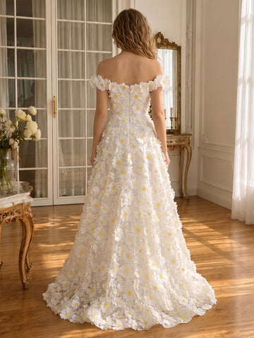 3D Daisy Floral Applique Tulle Prom Dresses Long Off Shoulder Tiered Ruffle A Line