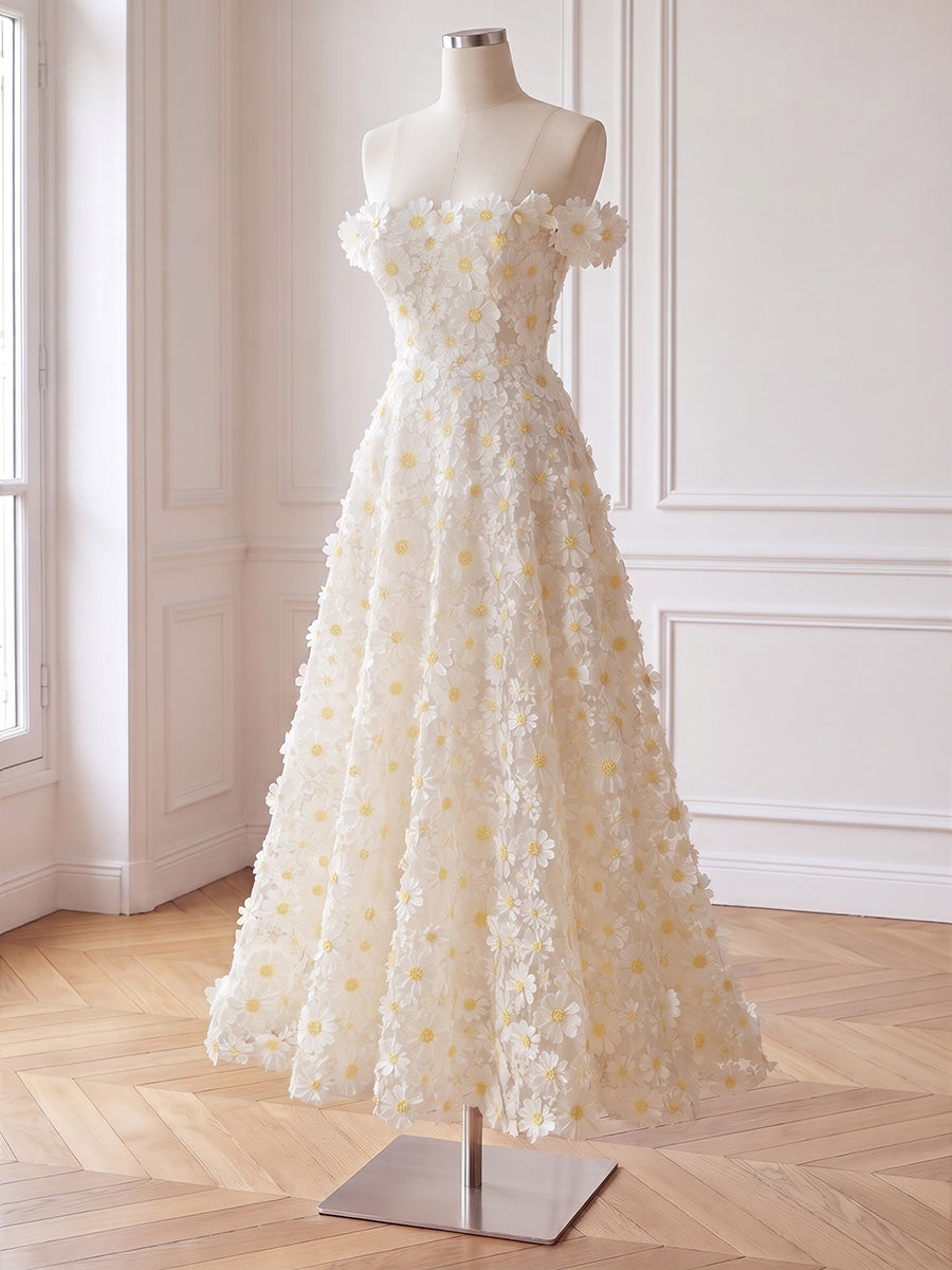 3D Daisy Floral Applique Tulle Prom Dresses Long Off Shoulder Tiered Ruffle A Line